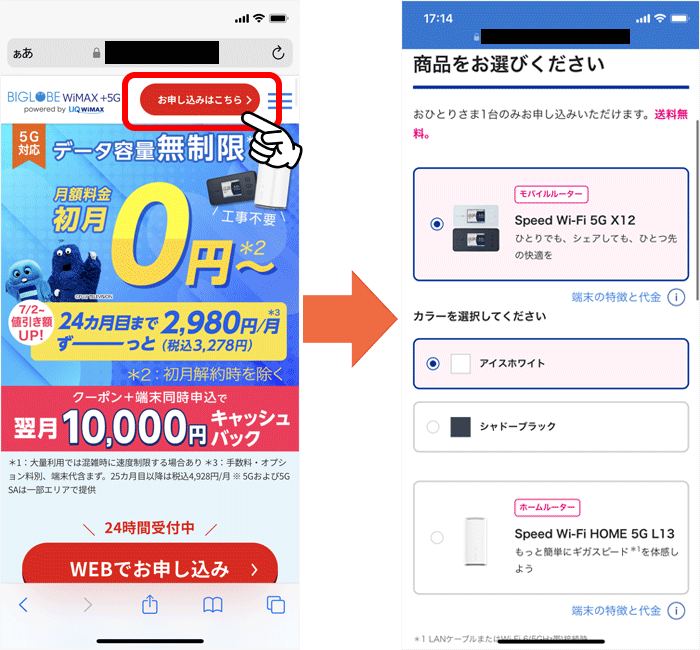 BIGLOBE WiMAX申し込み手順①-2