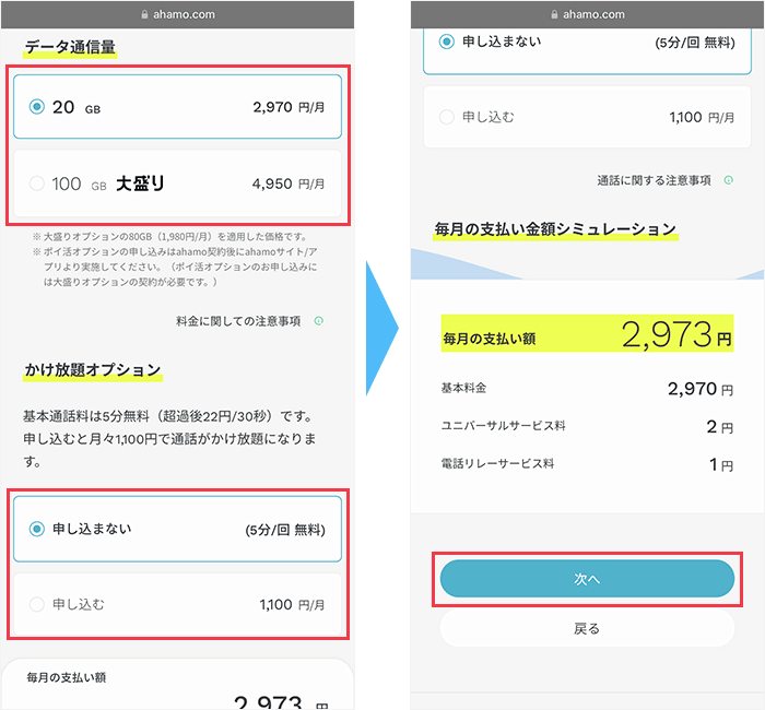 データ通信量やかけ放題オプションを選ぶ画面