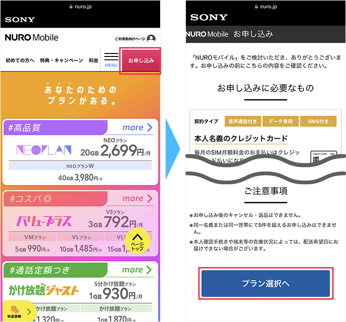 NUROモバイルの申し込み手順