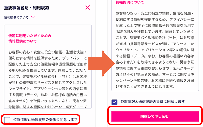 Rakuten Turboの申し込み画面（重要事項説明書）